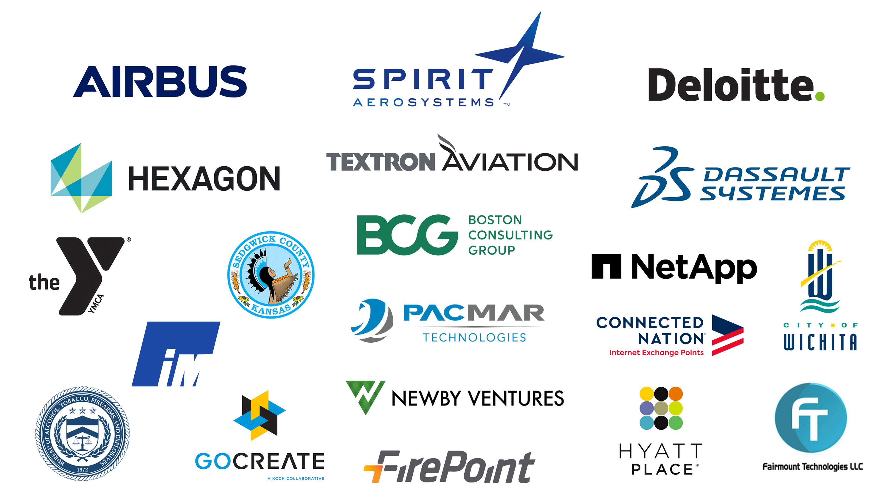 Partnership logos: Spirit Aerosystems, Fairmount Technologies LLC, Firepoint, Hexagon, Hyatt Place, GoCreate, Dassault Systems, Sedgwick County Kansas, Airbus, BCG, City of ͷ, Deloitte, NetApp, Martin Defense Group, The YMCA, Textron Aviation